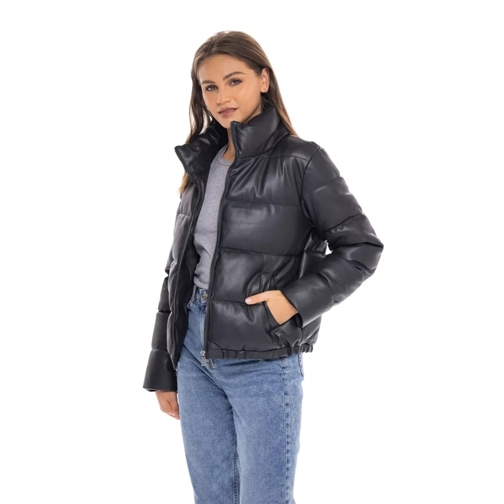 Women's Faux Leather Puffer Jacket Black Puffy Coat - S.E.B. By SEBBY Size 3X - Picture 2 of 16